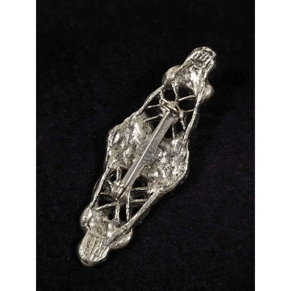 Vintage Victorian Style Floral Bar Brooch Clear Glass Cabochon Pin‎ Silver Tone